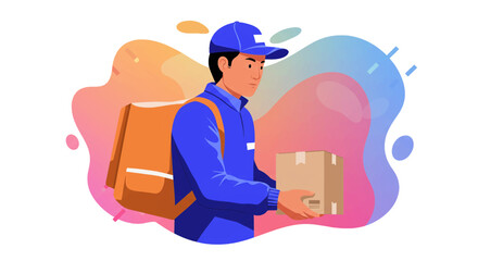 a delivery person in a blue uniform carrying a brown package. Suitable for landing page, banner, marketing, web design, presentation, infographic, etc.
