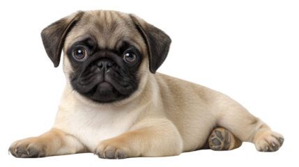 Pug puppy isolated on transparent background lying down with big eyes and soft fur