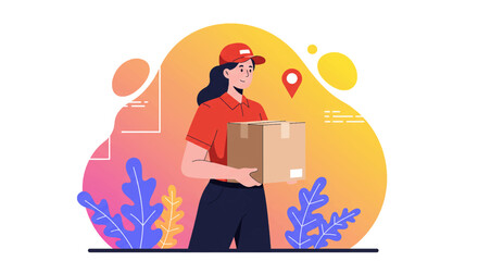 A professional female delivery person in a red uniform holds a package, ready for shipping, against a vibrant abstract background with a location pin.