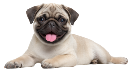 Cute isolated pug dog lying on transparent background with happy expression