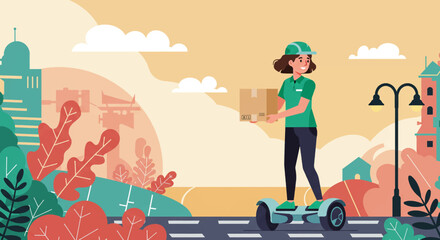 A delivery person in a green uniform and cap is riding a Segway while holding a package. Suitable for landing page, banner, marketing, web design, presentation, infographic, etc.