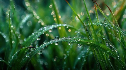 Dewdrops sparkle on vibrant green blades of grass, capturing the first light of dawn. The tranquil outdoor atmosphere showcases nature's beauty and freshness.