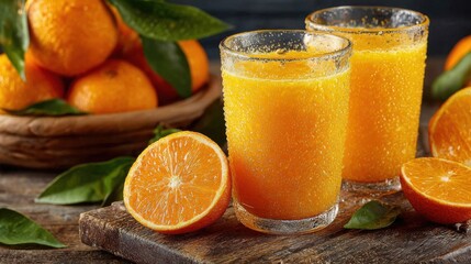 Freshly squeezed mandarin juice is poured into clear glasses, beads of condensation glistening on the surface, with halved mandarins and whole fruit visible nearby.