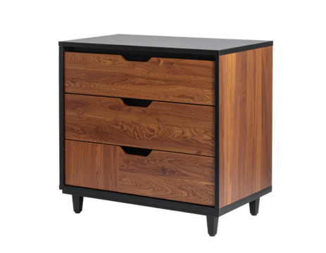 Wooden nightstand with three drawers, isolated on white.