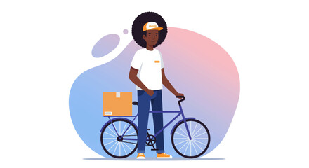 Fototapeta premium a person standing next to a bicycle with a package attached to the back, wearing a white shirt and a cap. Suitable for landing page, banner, marketing, web design, presentation, infographic, etc.