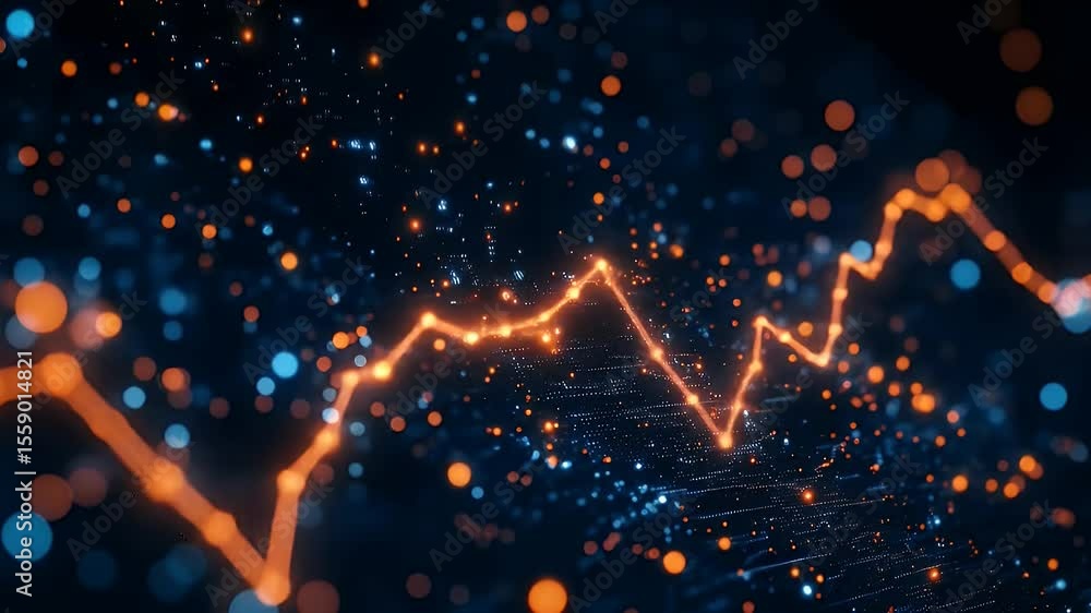 Poster abstract orange graph line on a dark blue background with glowing dots and bokeh effect