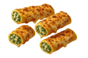 Baked cannelloni with spinach and cheese, isolated on transparent background.