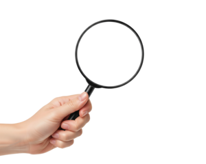 Hand Holding a Magnifying Glass with Blank Space for Text or Image on White / Png Background