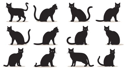 A collection of various black cat silhouettes in different poses