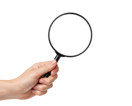 Hand Holding a Magnifying Glass with Blank Space for Text or Image on White / Png Background