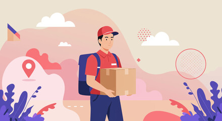 a delivery person wearing a red cap and a red shirt, carrying a brown box, with a backpack on. Suitable for landing page, banner, marketing, web design, presentation, infographic, etc.