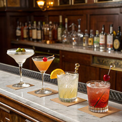 Four cocktails are lined up on a marble bar counter with bottles in the background