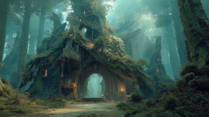 Mysterious elven gatehouse in a misty forest