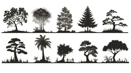 a variety of detailed silhouette trees in different shapes and styles, showcasing the beauty and diversity of the natural world