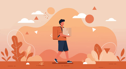 a man walking with a large package. Suitable for landing page, banner, marketing, web design, presentation, infographic, etc.