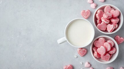 Pink Heart Candies and Milk for Valentines Day Picnic