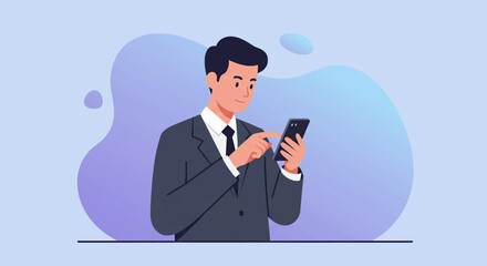 A man dressed in a suit is standing and looking at his smartphone, which he is holding in his right hand. Suitable for landing page, banner, marketing, web design, presentation, infographic, etc.