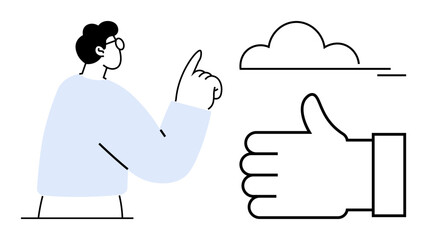 Person in glasses pointing up, next to a cloud illustration and a thumbs-up gesture. Ideal for approval, positivity, cloud computing, teamwork, innovation, achievement, simple landing page