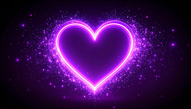Glowing neon purple heart in the air, black background. Love and romantic concept.