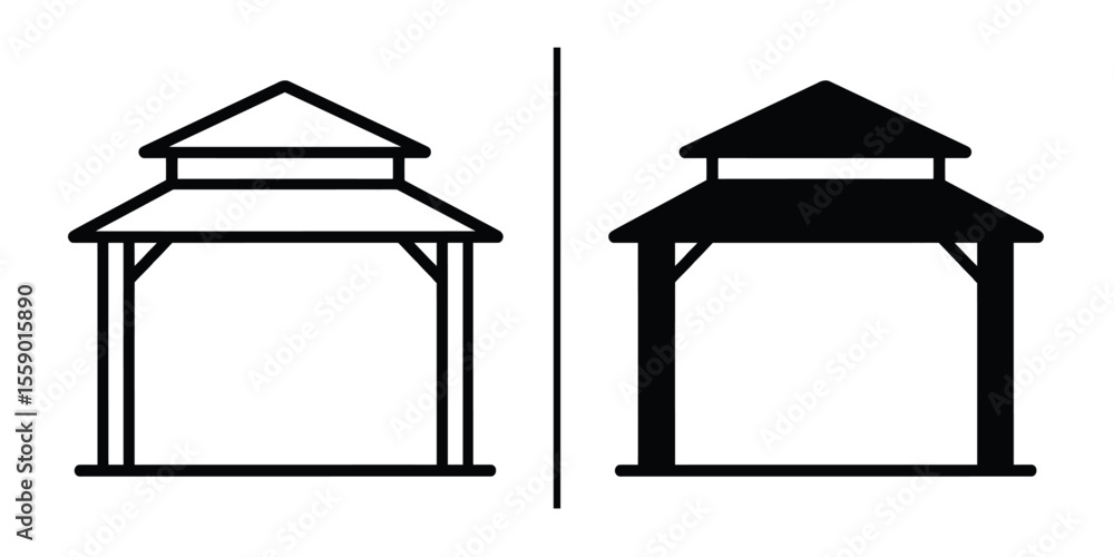 Poster gazebo illustration: two gazebo illustrations side by side in a clean, line-art style; one filled an