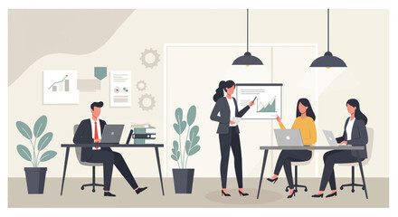 Fototapeta premium a business office scene with three individuals engaged in work activities. Suitable for landing page, banner, marketing, web design, presentation, infographic, etc.