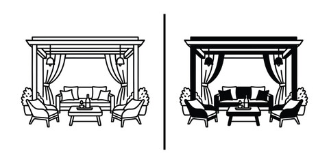 Elegant Gazebo Relaxation: A detailed monochrome vector illustration showcases a stylish outdoor gazebo setting, featuring a comfortable seating arrangement with chairs and a central coffee table.