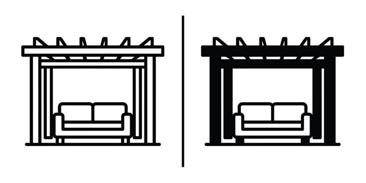 Modern Pergola Design: A dual presentation of a modern pergola design, showcasing both a light and dark aesthetic with a focus on a comfortable seating area
