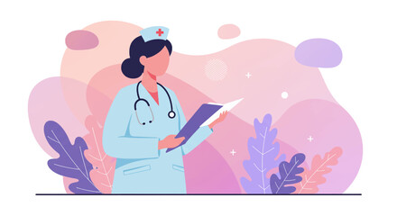 a nurse in a blue coat and cap, holding a clipboard and standing in front of plants with pink and purple hues. Suitable for landing page, banner, marketing, web design, presentation, infographic, etc.