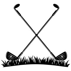 Silhouette of Crossed Golf Clubs on Grass, Golf club golf stick icon vector illustration Hand drawn golfer silhouettes