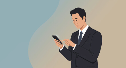 A  man in a suit is using a smartphone, with a focused expression on his face. Suitable for landing page, banner, marketing, web design, presentation, infographic, etc.