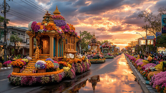 Decorative float parade near sunset, massive flower-covered floats themed around local legends and culture, youth participants waving from atop, lights starting to glow as evening sets in.