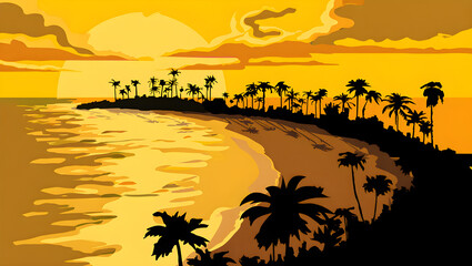 Obraz premium Tropical beach sunset with palm trees silhouette over the ocean
