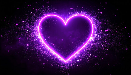 Glowing neon purple heart in the air, black background. Love and romantic concept.