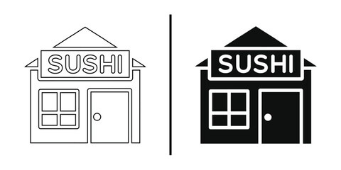 Sushi Shop Icon: A simple, yet effective black and white illustration of a sushi shop, symbolizing culinary delight and cultural charm.