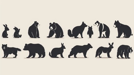 Silhouette animals collection featuring various mammal forms, including bear, rabbit, fox and other wild creatures