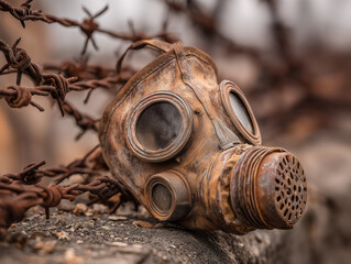 Rusty gas mask lying on barbed wire, symbolic image of war aftermath