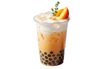 iced peach milk tea with boba, cream foam, and fresh fruit garnish