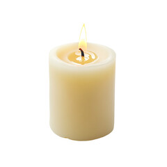 A single lit cream colored candle on a black background