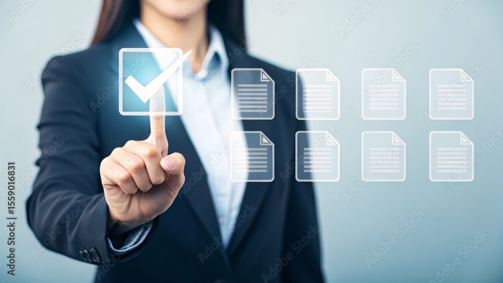 Poster woman selecting a checkmark from virtual documents displaying modern business decision making and te