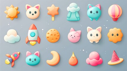 a collection of adorable cartoon icons on a soft blue background. The icons represent a variety of cute objects like the sun, clouds, rocket and star