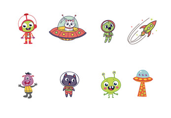 Cute Alien Characters and Spaceships Cartoon Astronomy Icon Set