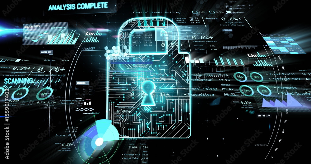Aufkleber displaying central holographic padlock icon floating in cyberspace, with floating data panels