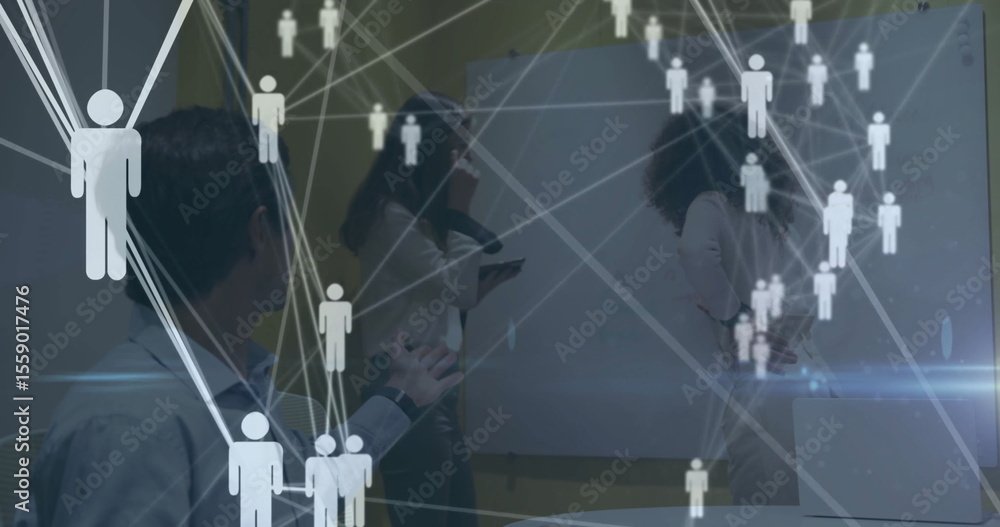 Poster collaborating in office, people networking and processing data in image