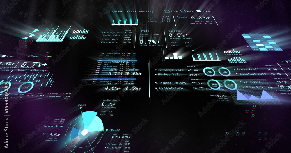 Poster displaying holographic financial dashboard in dark 3d space, with bar charts and line graphs