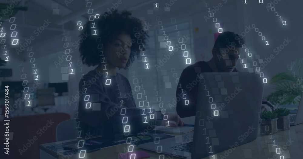 Aufkleber binary code image over diverse people working on laptops in office