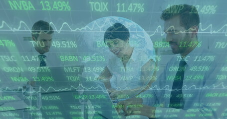 Financial data processing image over diverse business people working in office