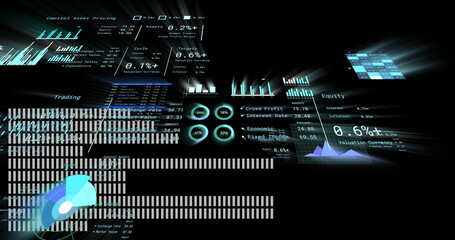 Floating holographic financial panels showing bar charts, line graphs, percentages in dark void