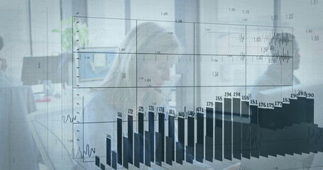 Handling telephone handset, business casual woman speaking at office desk, with data overlay