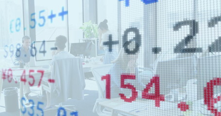 Financial data and numbers image over people working in modern office