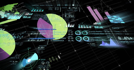 Displaying financial dashboard on grid interface, with pie charts bar graphs line graphs world map